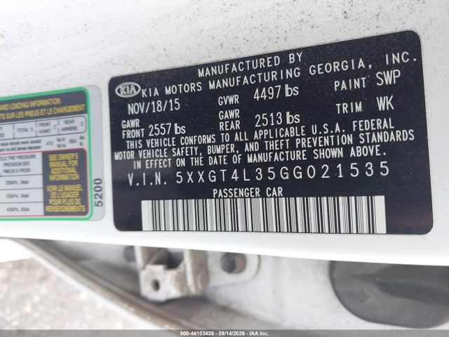 46103438 :رقم المزاد ، 5XXGT4L35GG021535 vin ، 2016 Kia Optima Lx مزاد بيع
