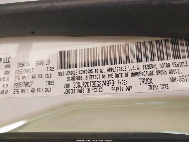 46103439 :رقم المزاد ، 3C6JR7DT3EG274973 vin ، 2014 Ram 1500 Tradesman مزاد بيع