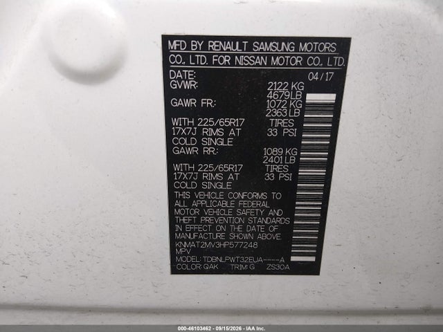 2017 Nissan Rogue S მანქანა იყიდება აუქციონზე, vin: KNMAT2MV3HP577248, აუქციონის ნომერი: 46103462