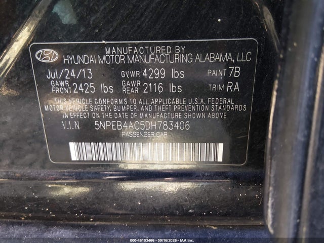 Aukcja sprzedaży 2013 Hyundai Sonata Gls, vin: 5NPEB4AC5DH783406, numer aukcji: 46103466