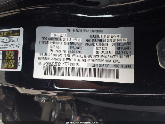 46103469 :رقم المزاد ، JM3TB2CV6D0414777 vin ، 2013 Mazda Cx-9 Touring مزاد بيع