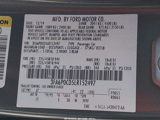 Aukcja sprzedaży 2020 Ford Fusion Sel, vin: 3FA6P0CD5LR152497, numer aukcji: 46103478