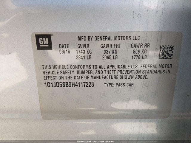 2017 Chevrolet Sonic Lt Auto მანქანა იყიდება აუქციონზე, vin: 1G1JD5SB9H4117223, აუქციონის ნომერი: 46103509