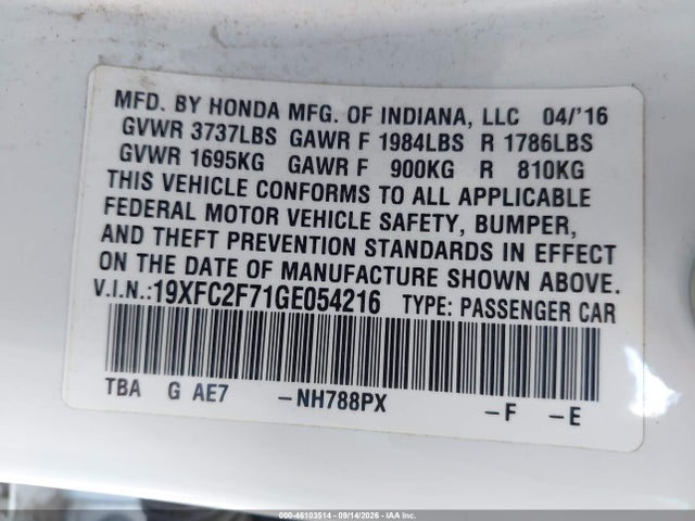 46103514 :رقم المزاد ، 19XFC2F71GE054216 vin ، 2016 Honda Civic Ex مزاد بيع