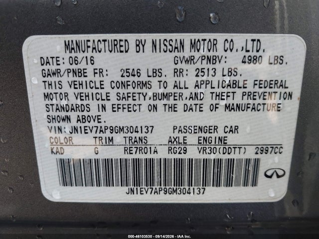 Продаж на аукціоні авто 2016 Infiniti Q50 3.0t Premium, vin: JN1EV7AP9GM304137, номер лоту: 46103530