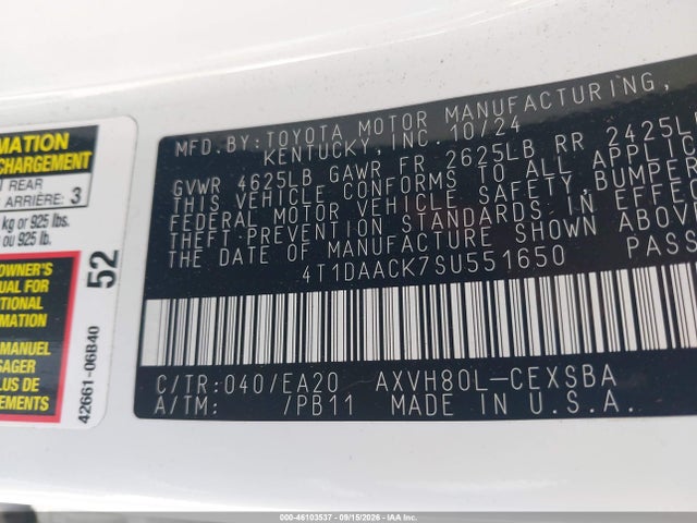 Продаж на аукціоні авто 2025 Toyota Camry Se, vin: 4T1DAACK7SU551650, номер лоту: 46103537