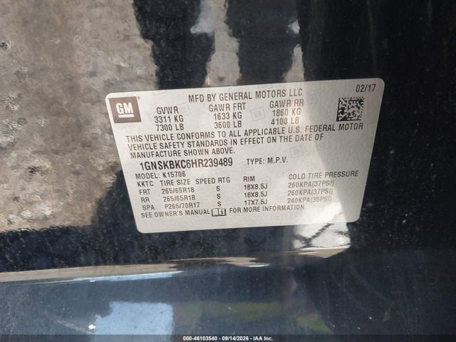 46103540 :رقم المزاد ، 1GNSKBKC6HR239489 vin ، 2017 Chevrolet Tahoe Lt مزاد بيع