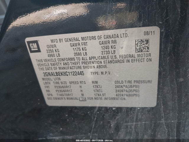 Продажа на аукционе авто 2012 Chevrolet Equinox Ls, vin: 2GNALBEK8C1122445, номер лота: 46103552