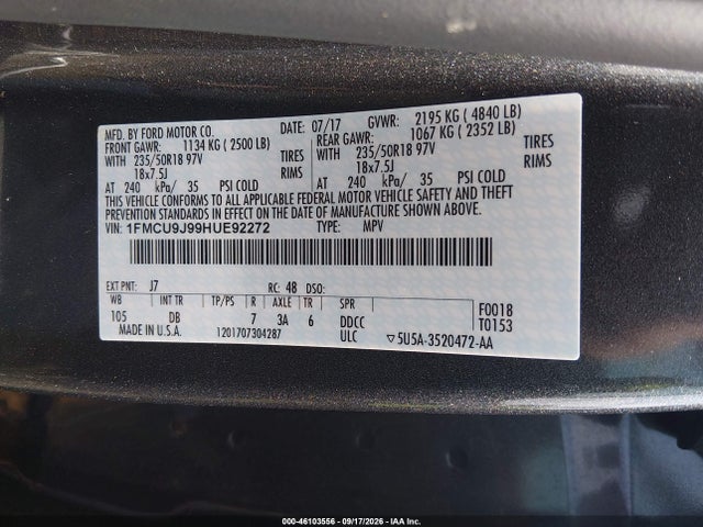 Продаж на аукціоні авто 2017 Ford Escape Titanium, vin: 1FMCU9J99HUE92272, номер лоту: 46103556
