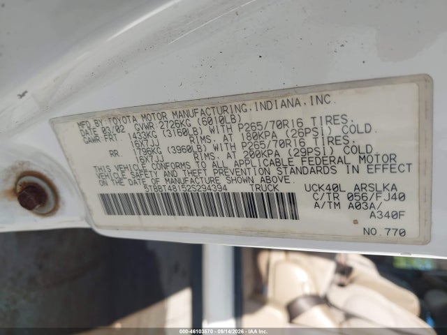 Продажа на аукционе авто 2002 Toyota Tundra Ltd V8, vin: 5TBBT48152S294394, номер лота: 46103570
