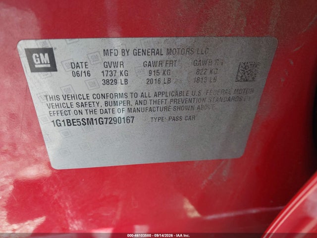 2016 Chevrolet Cruze Lt Auto მანქანა იყიდება აუქციონზე, vin: 1G1BE5SM1G7290167, აუქციონის ნომერი: 46103580