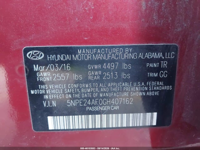 Продажа на аукционе авто 2016 Hyundai Sonata, vin: 5NPE24AF0GH407162, номер лота: 46103583