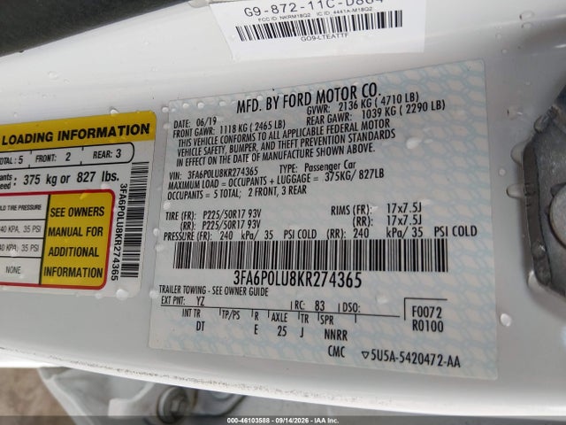 2019 Ford Fusion Hybrid Se მანქანა იყიდება აუქციონზე, vin: 3FA6P0LU8KR274365, აუქციონის ნომერი: 46103588