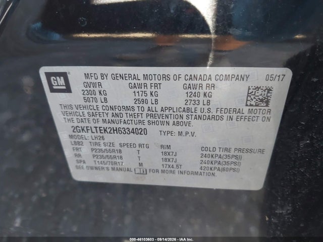 46103603 :رقم المزاد ، 2GKFLTEK2H6334020 vin ، 2017 Gmc Terrain Sle-2 مزاد بيع