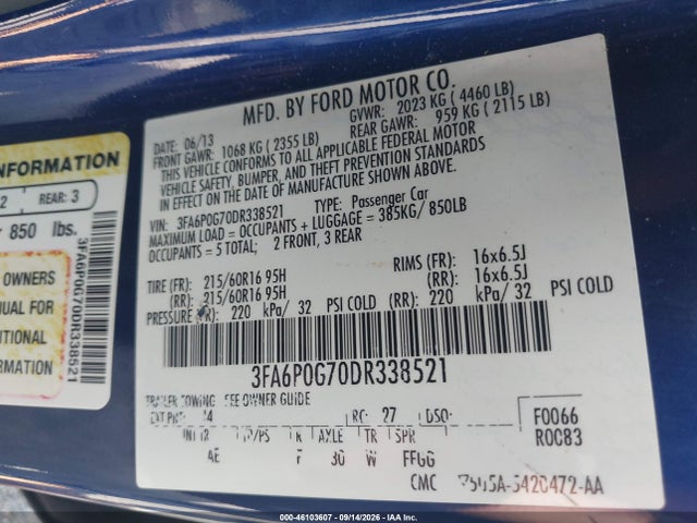 Продаж на аукціоні авто 2013 Ford Fusion S, vin: 3FA6P0G70DR338521, номер лоту: 46103607