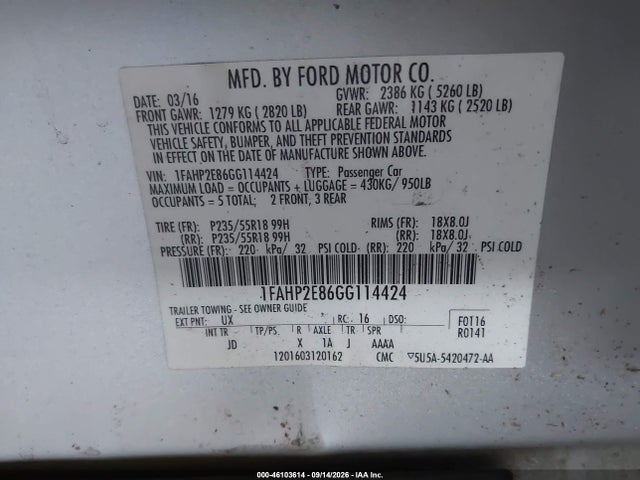 46103614 :رقم المزاد ، 1FAHP2E86GG114424 vin ، 2016 Ford Taurus Sel مزاد بيع