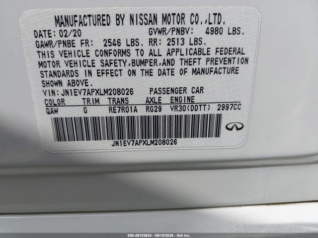 46103624 :رقم المزاد ، JN1EV7APXLM208026 vin ، 2020 Infiniti Q50 Luxe مزاد بيع