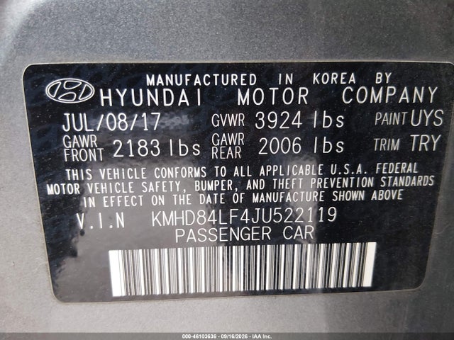 2018 Hyundai Elantra Value Edition მანქანა იყიდება აუქციონზე, vin: KMHD84LF4JU522119, აუქციონის ნომერი: 46103636