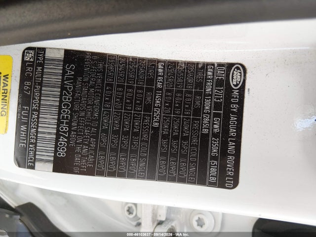 2014 Land Rover Range Rover Evoque Pure მანქანა იყიდება აუქციონზე, vin: SALVP2BG6EH874698, აუქციონის ნომერი: 46103637
