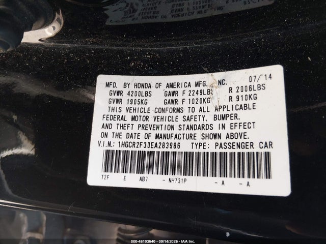 Продажа на аукционе авто 2014 Honda Accord Lx, vin: 1HGCR2F30EA283986, номер лота: 46103640