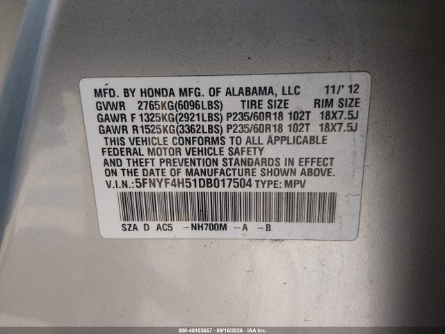 Продаж на аукціоні авто 2013 Honda Pilot Ex-l, vin: 5FNYF4H51DB017504, номер лоту: 46103657