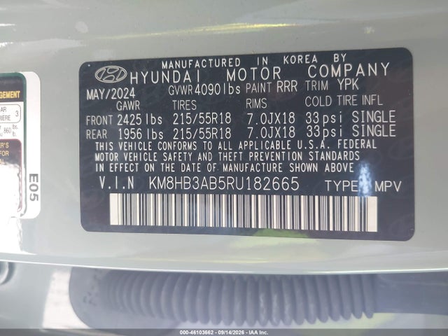 2024 Hyundai Kona Sel მანქანა იყიდება აუქციონზე, vin: KM8HB3AB5RU182665, აუქციონის ნომერი: 46103662