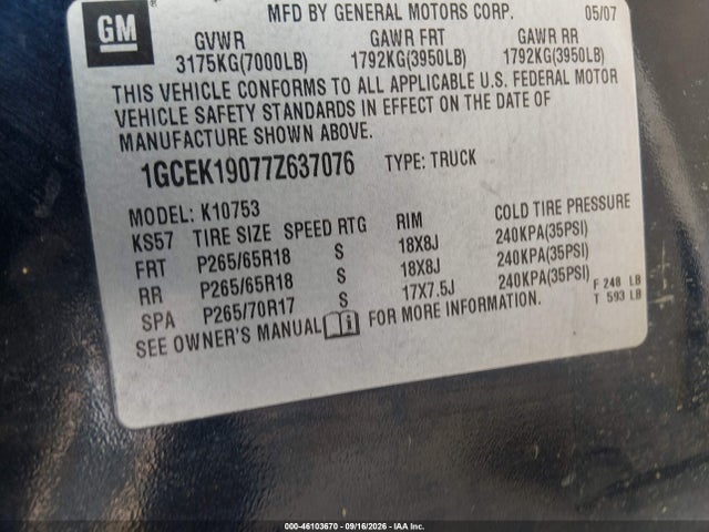 Продаж на аукціоні авто 2007 Chevrolet Silverado 1500 Lt1, vin: 1GCEK19077Z637076, номер лоту: 46103670