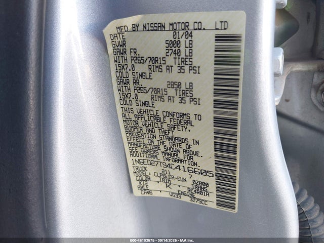 46103675 :رقم المزاد ، 1N6ED27T94C416605 vin ، 2004 Nissan Frontier Xe-v6 مزاد بيع