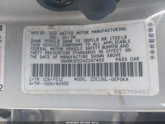 Продаж на аукціоні авто 2004 Toyota Corolla S, vin: 1NXBR32E24Z297453, номер лоту: 46103676