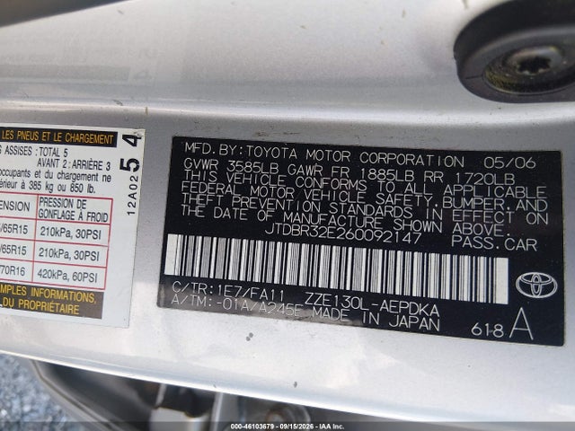 Aukcja sprzedaży 2006 Toyota Corolla Ce, vin: JTDBR32E260092147, numer aukcji: 46103679
