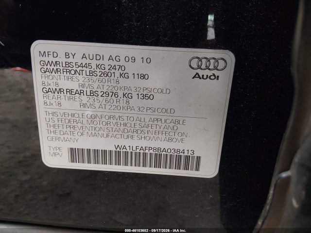 2011 Audi Q5 2.0t Premium მანქანა იყიდება აუქციონზე, vin: WA1LFAFP8BA038413, აუქციონის ნომერი: 46103682