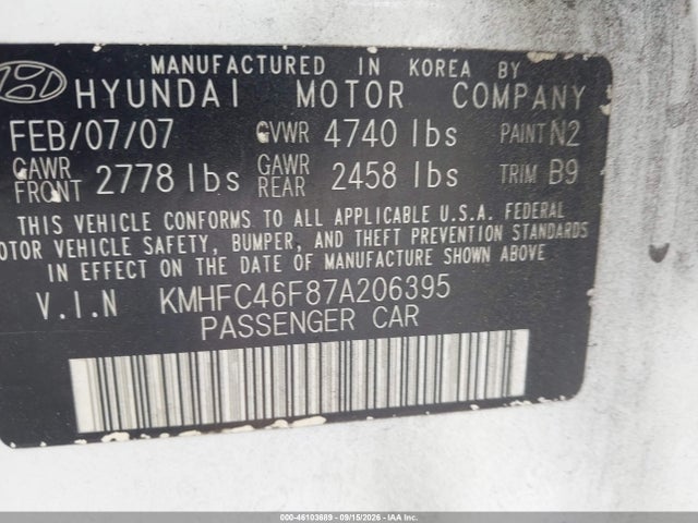 2007 Hyundai Azera Limited/se მანქანა იყიდება აუქციონზე, vin: KMHFC46F87A206395, აუქციონის ნომერი: 46103689