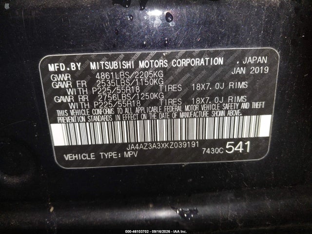 Продаж на аукціоні авто 2019 Mitsubishi Outlander Sel, vin: JA4AZ3A3XKZ039191, номер лоту: 46103702