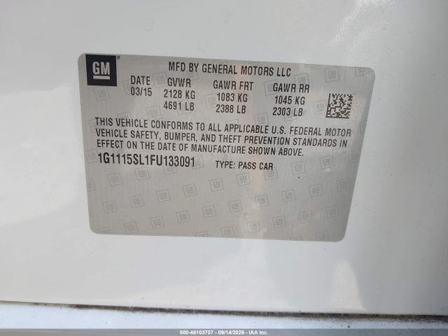 46103707 :رقم المزاد ، 1G1115SL1FU133091 vin ، 2015 Chevrolet Impala 1lt مزاد بيع