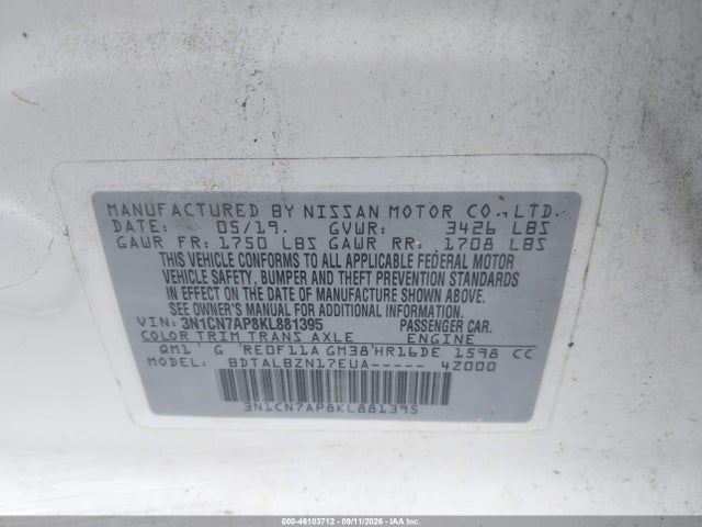 46103712 :رقم المزاد ، 3N1CN7AP8KL881395 vin ، 2019 Nissan Versa 1.6 Sv مزاد بيع