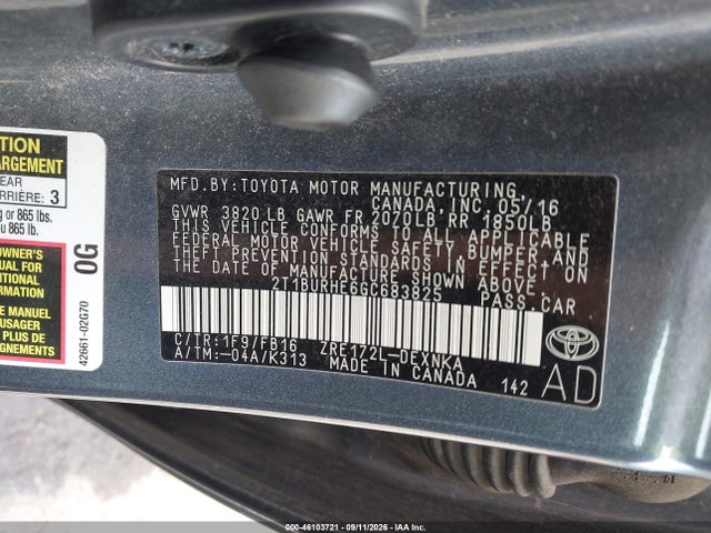 2016 Toyota Corolla Le მანქანა იყიდება აუქციონზე, vin: 2T1BURHE6GC683825, აუქციონის ნომერი: 46103721