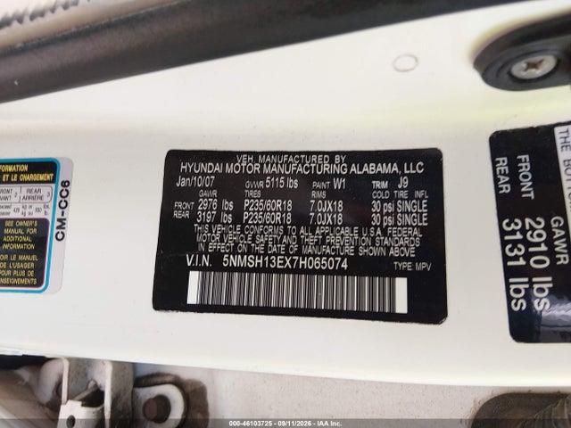 Продажа на аукционе авто 2007 Hyundai Santa Fe Limited/se, vin: 5NMSH13EX7H065074, номер лота: 46103725