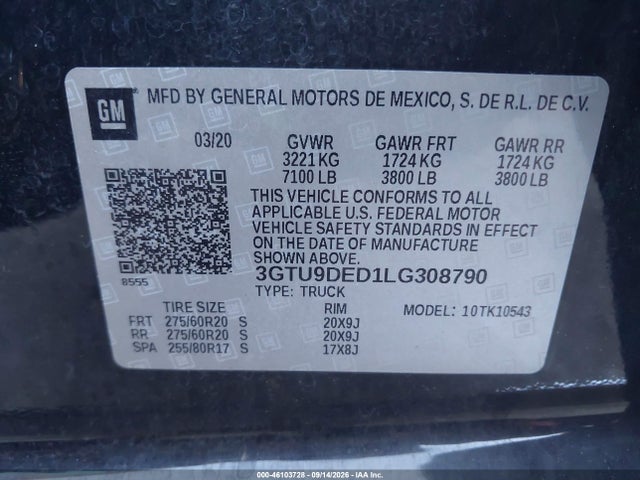 Aukcja sprzedaży 2020 Gmc Sierra 1500 4wd  Short Box Slt, vin: 3GTU9DED1LG308790, numer aukcji: 46103728