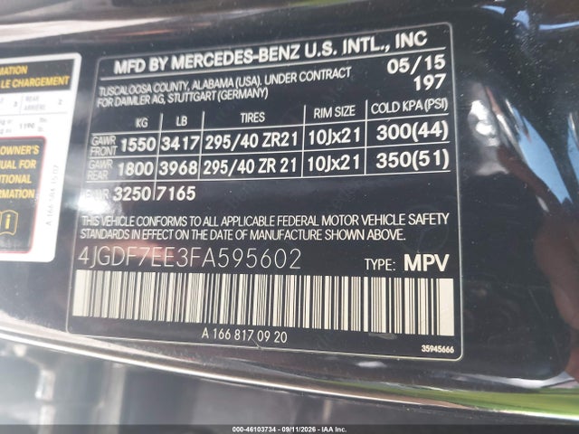 46103734 :رقم المزاد ، 4JGDF7EE3FA595602 vin ، 2015 Mercedes-benz Gl 63 Amg 4matic مزاد بيع