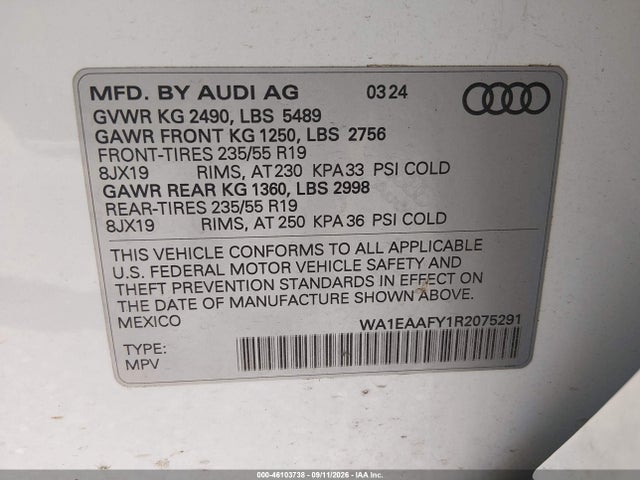 Продажа на аукционе авто 2024 Audi Q5 Premium Plus 45 Tfsi S Line Quattro, vin: WA1EAAFY1R2075291, номер лота: 46103738