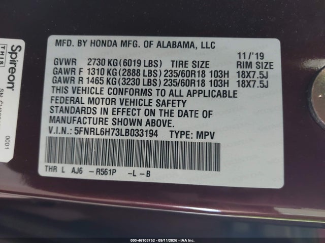 Aukcja sprzedaży 2020 Honda Odyssey Ex-l/ex-l W/navi   Res, vin: 5FNRL6H73LB033194, numer aukcji: 46103752