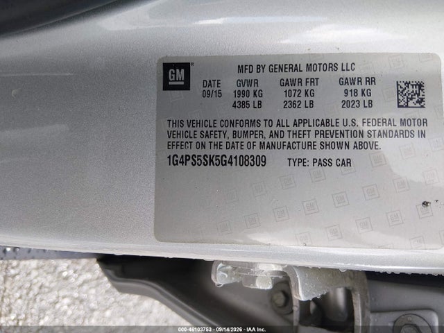 2016 Buick Verano Leather Group მანქანა იყიდება აუქციონზე, vin: 1G4PS5SK5G4108309, აუქციონის ნომერი: 46103753