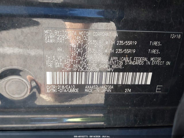 Aukcja sprzedaży 2019 Toyota Rav4 Limited, vin: JTMY1RFV3KJ006038, numer aukcji: 46103773