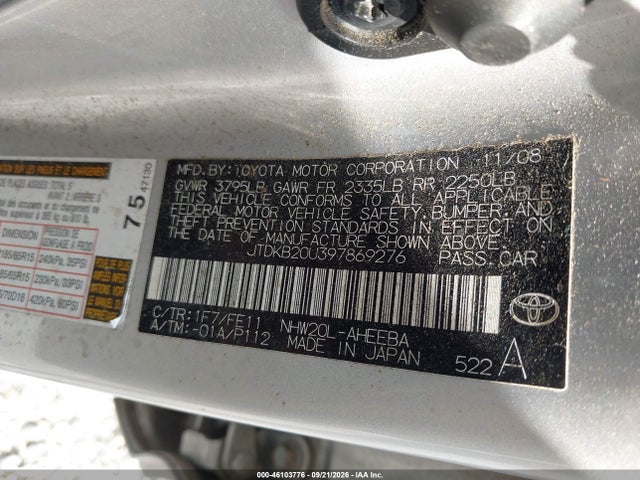 Aukcja sprzedaży 2009 Toyota Prius, vin: JTDKB20U397869276, numer aukcji: 46103776