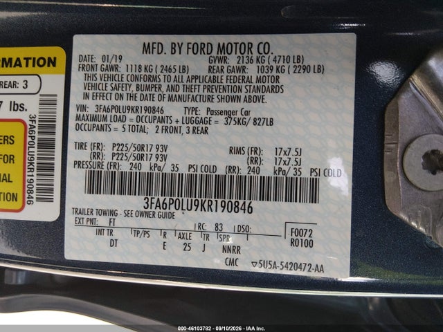 46103782 :رقم المزاد ، 3FA6P0LU9KR190846 vin ، 2019 Ford Fusion Hybrid Se مزاد بيع