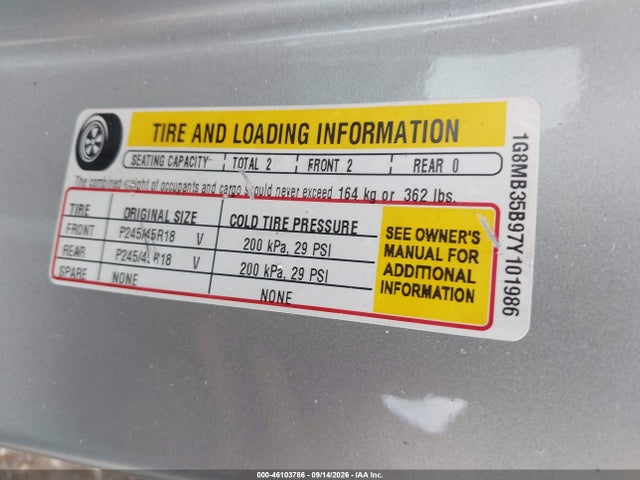 46103786 :رقم المزاد ، 1G8MB35B97Y101986 vin ، 2007 Saturn Sky مزاد بيع