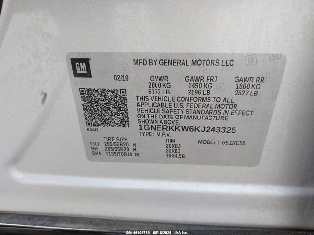 Aukcja sprzedaży 2019 Chevrolet Traverse Premier, vin: 1GNERKKW6KJ243325, numer aukcji: 46103789