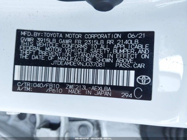 Продажа на аукционе авто 2022 Toyota Corolla Hybrid Le, vin: JTDEAMDE9NJ037081, номер лота: 46103797