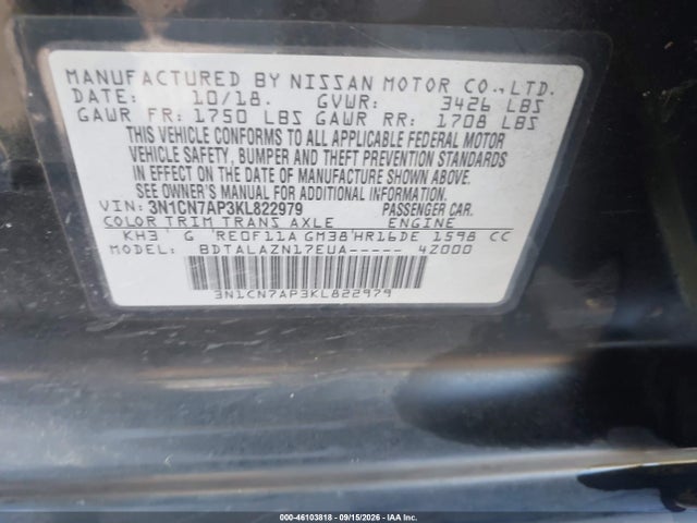 Aukcja sprzedaży 2019 Nissan Versa 1.6 S+, vin: 3N1CN7AP3KL822979, numer aukcji: 46103818