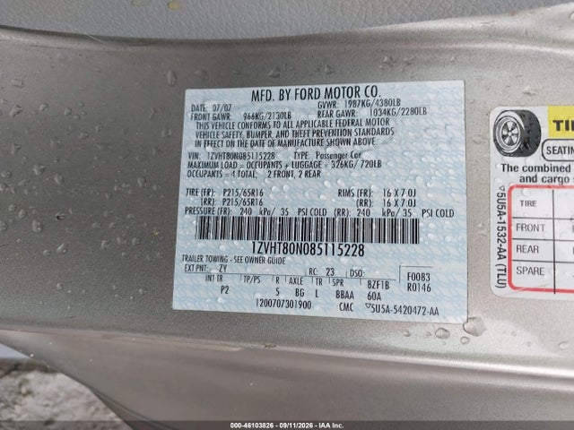 Aukcja sprzedaży 2008 Ford Mustang, vin: 1ZVHT80N085115228, numer aukcji: 46103826
